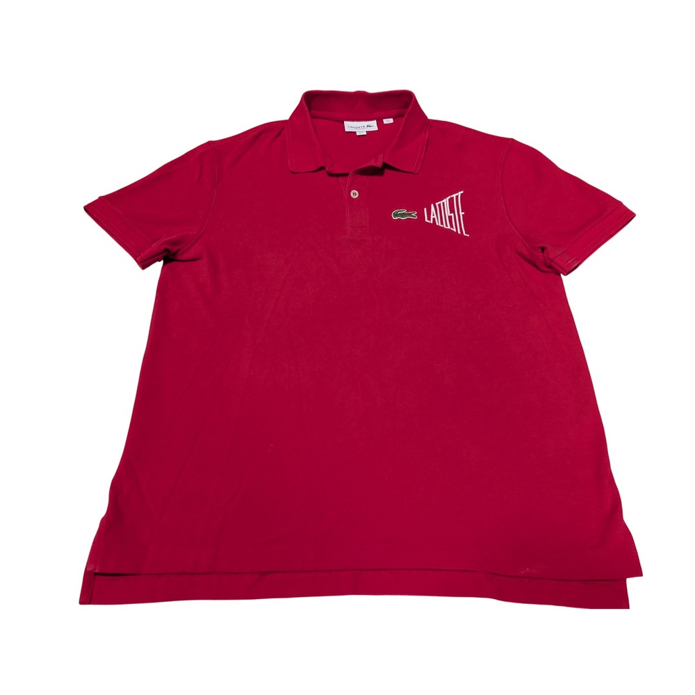 Lacoste Polo Shirt Men Large Red Graphic Logo Spell out Pique Short Sleeve